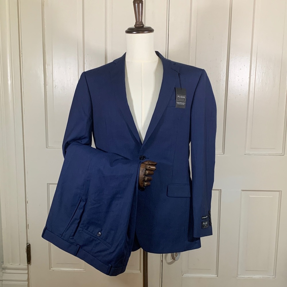 Jos A Bank Traveler Suit Mens 41L 35W Blue Wool Slim Fit Natural Stretch NWT